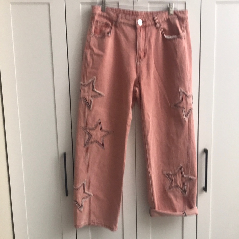 Pink Star Embroidered High-Rise Wide Leg Jeans